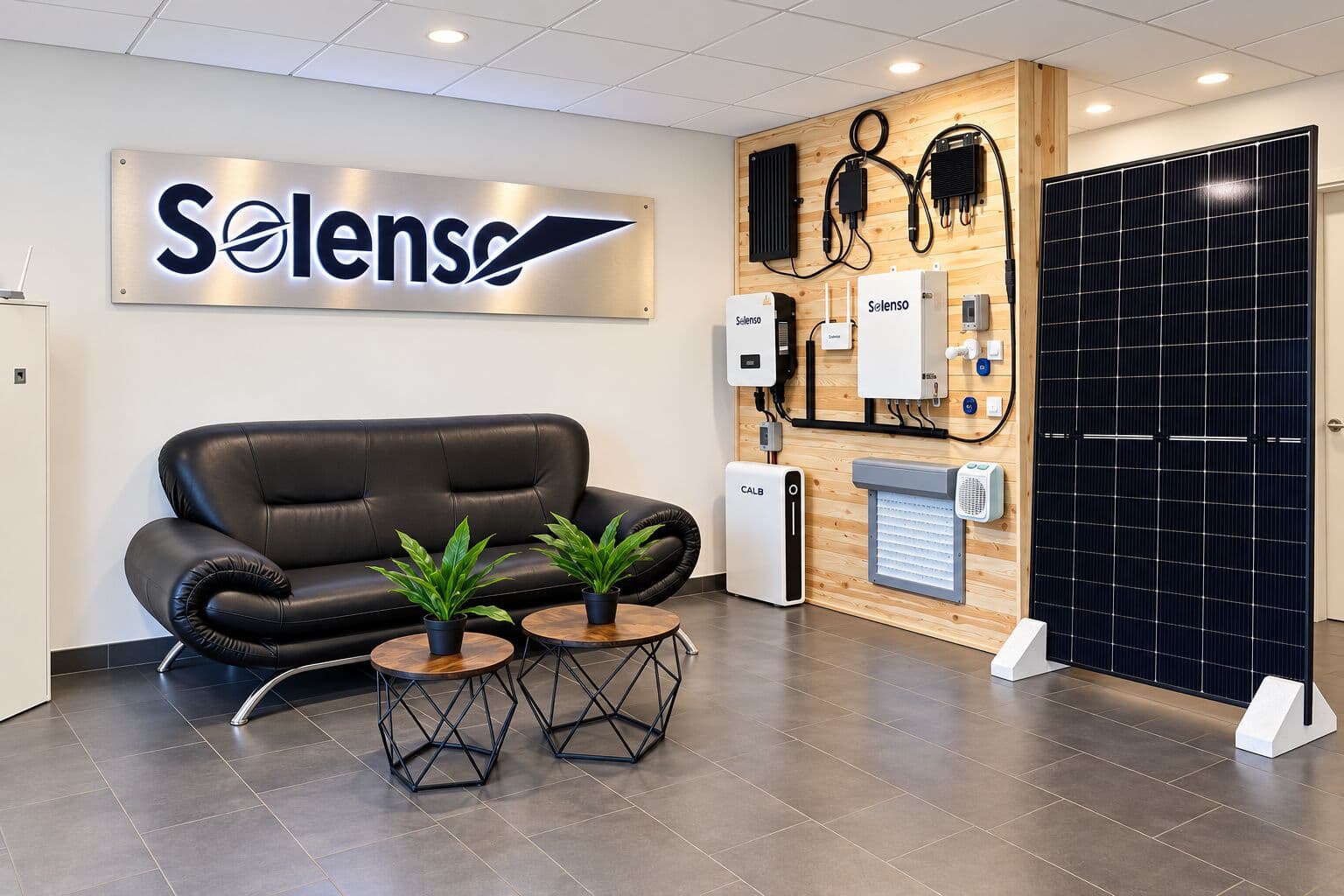 Showroom de Solenso Power à Woippy, avec micro-onduleurs, batterie CALB et panneau solaire