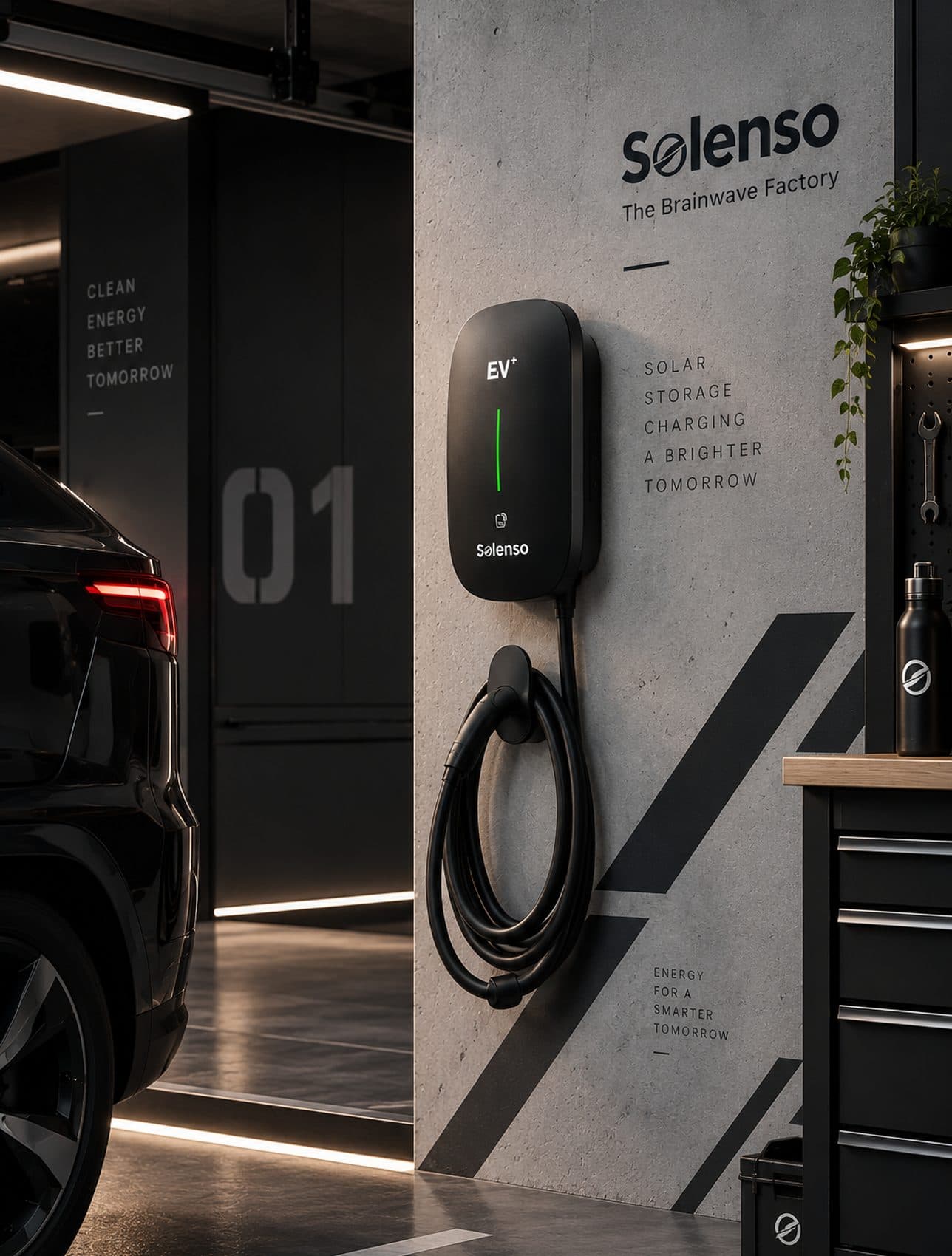Borne de recharge Solenso EV+ installée dans un garage, câble Type 2 lové sur son support