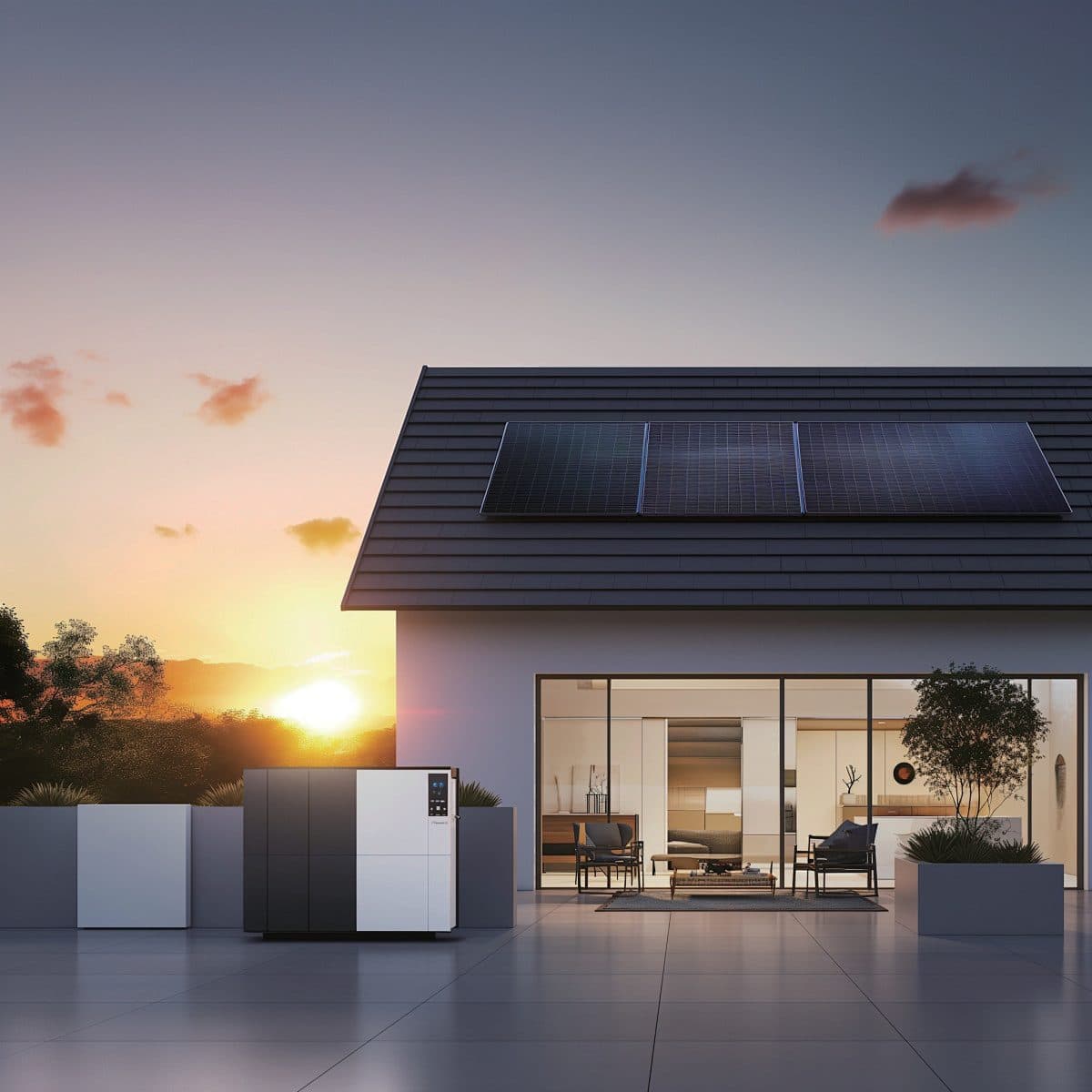 Coffret AC BOX Solenso installé au pied d’une maison équipée de panneaux solaires