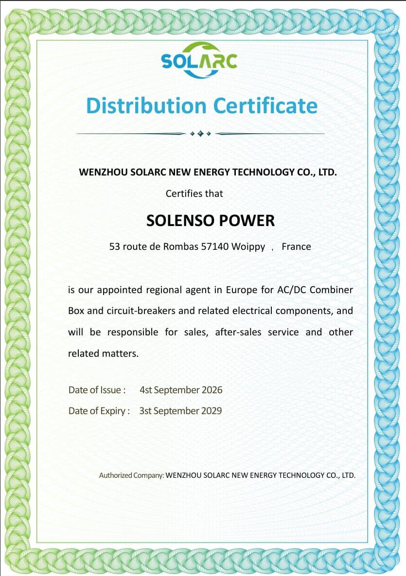 Certificat SOLARC désignant Solenso Power distributeur officiel en Europe, de 2026 à 2029