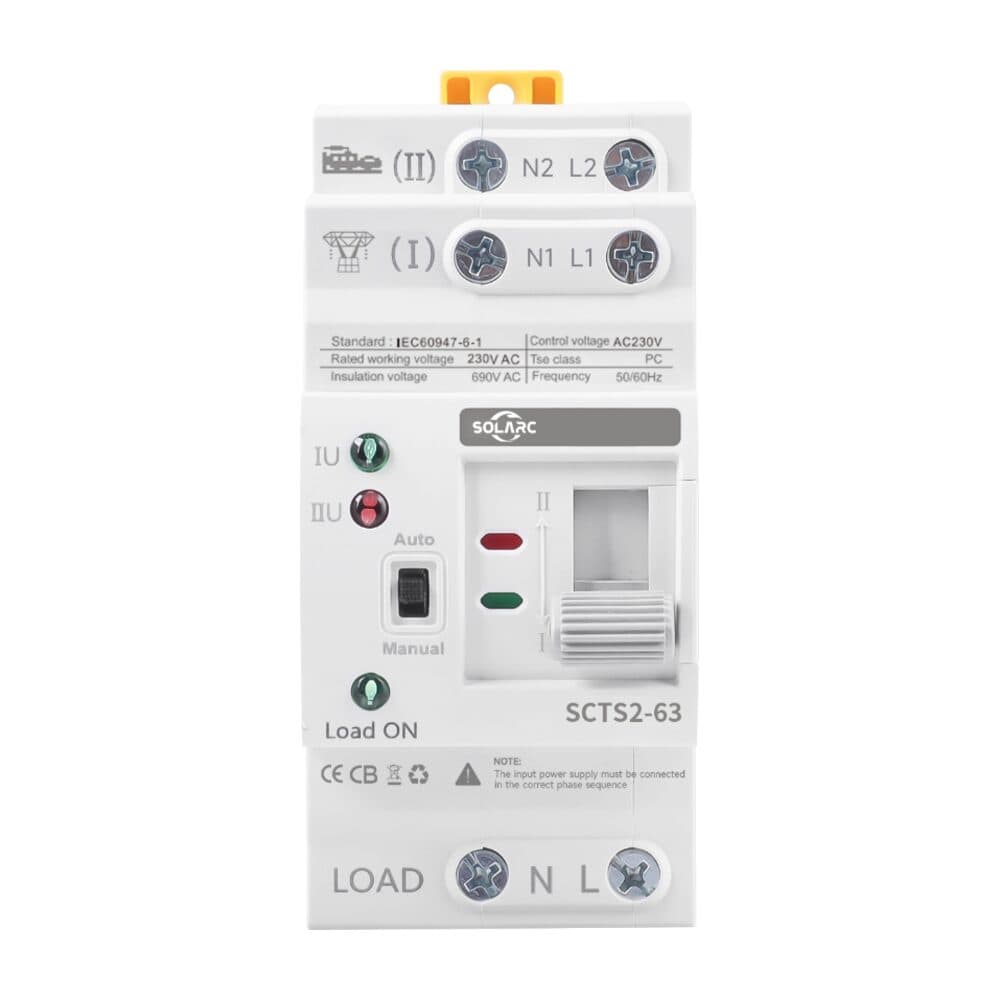 Inverseur de sources automatique SOLARC SCTS2-63 bipolaire avec sélecteur Auto / Manuel et voyants de source